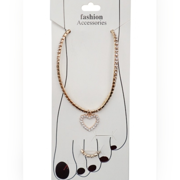 Heart Rhinestone Embellished Gold Chain Dangle Metal Anklet and Toe Ring Set - Picture 1 of 1